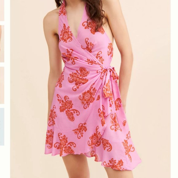 Anthropologie Dresses & Skirts - Anthropologie Size XSmall Pink and Red Halter Wrap Mini Dress